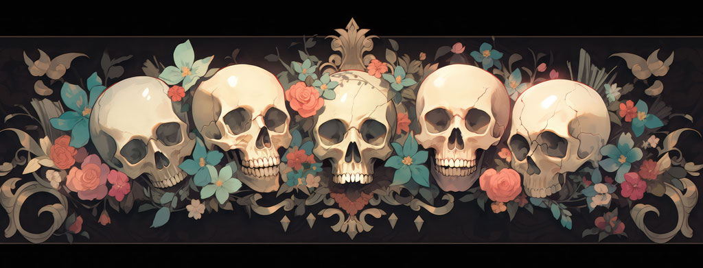Four skulls with flowers and leaves around them
