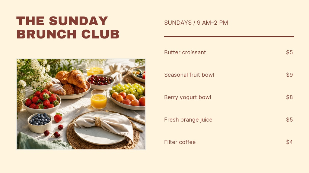 Preview for The Sunday Brunch Club Digital Menu Board Template