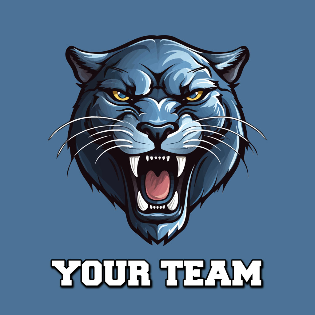 Illustration of a fierce blue panther head with yellow eyes and sharp teeth, representing a team logo.