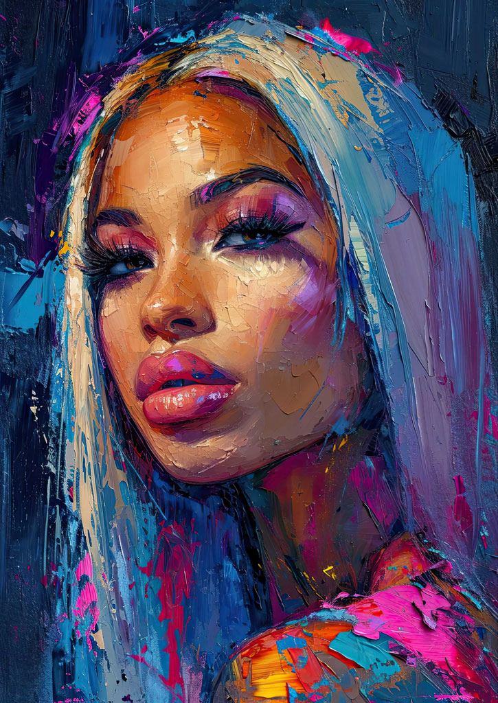 A close-up portrait of a woman with a thoughtful expression, painted in a vibrant and expressive style.