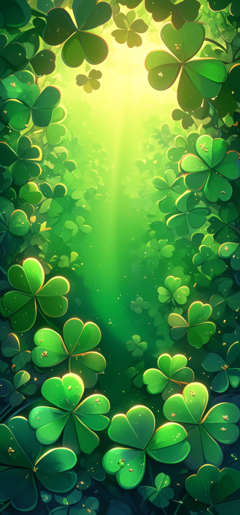 A dense field of shamrocks with a bright green light shining through