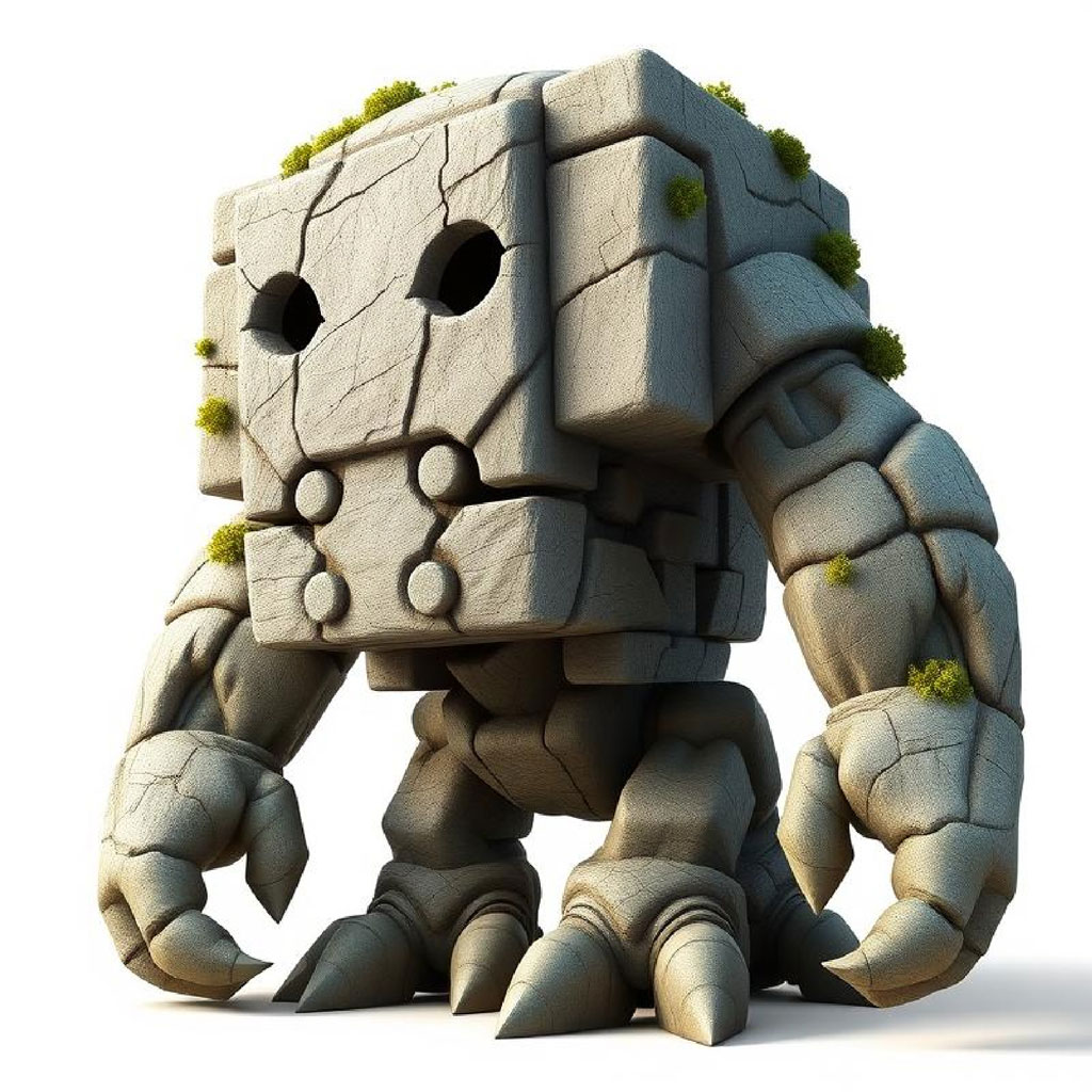 A 3D rendered stone golem with a cracked stone body and moss growth