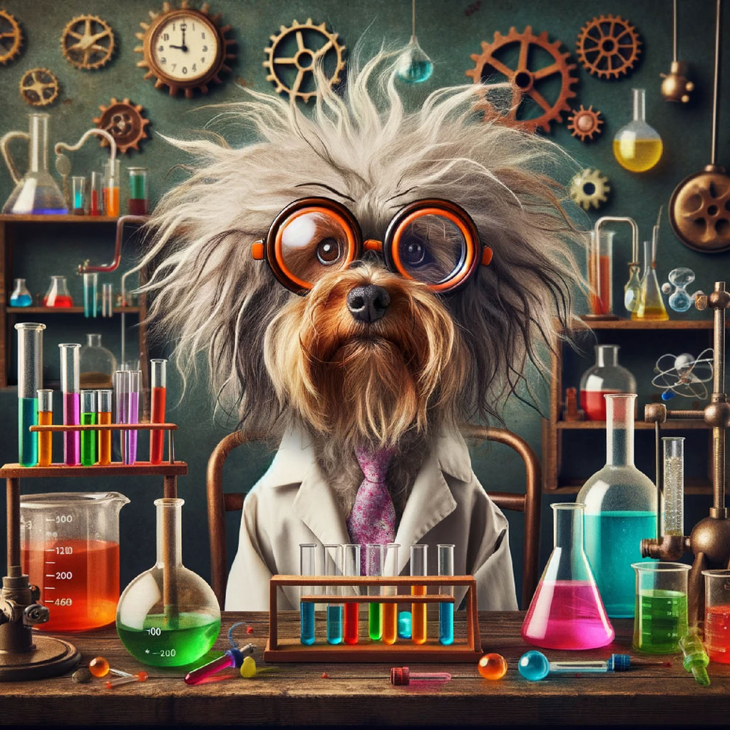 A dog wearing glasses and a lab coat
