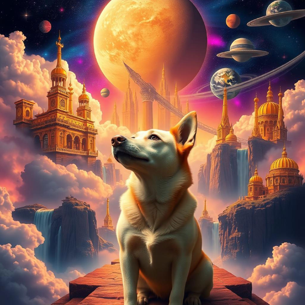 A futuristic city with golden domes and spires on a cliffside, surrounded by planets and a large moon.