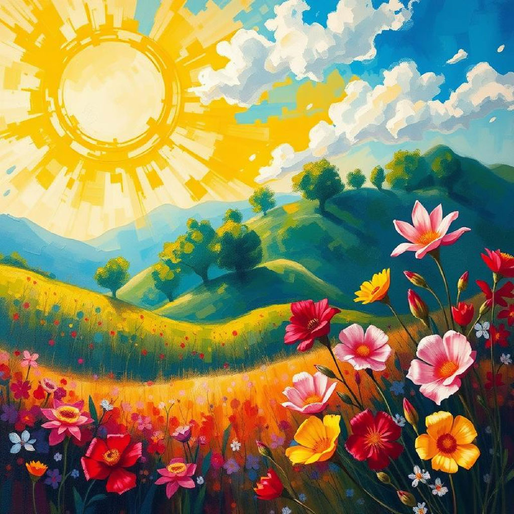 A painting of a sunny day with a field of colorful flowers and rolling hills in the background.