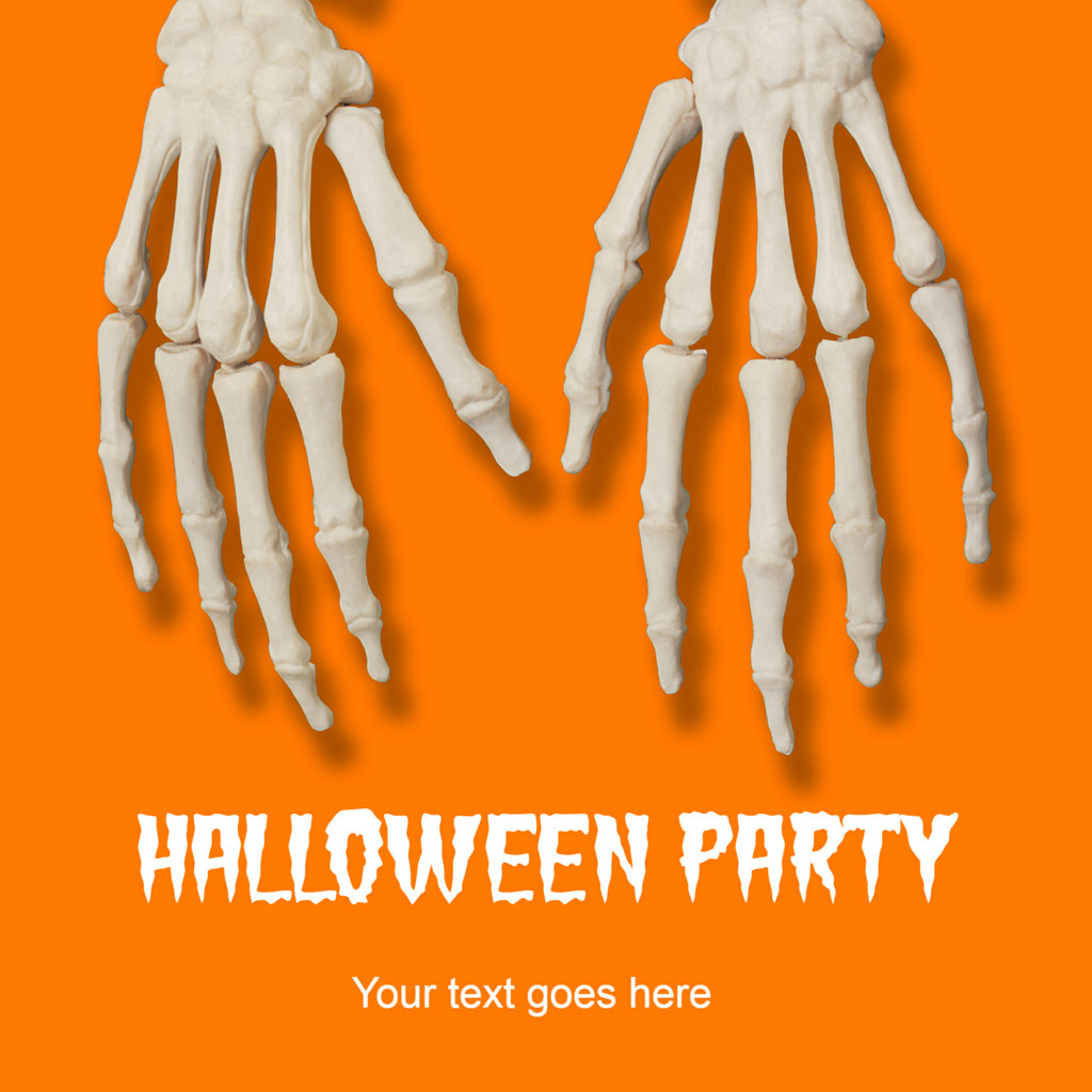 Halloween party invitation template with skeleton hands on orange background