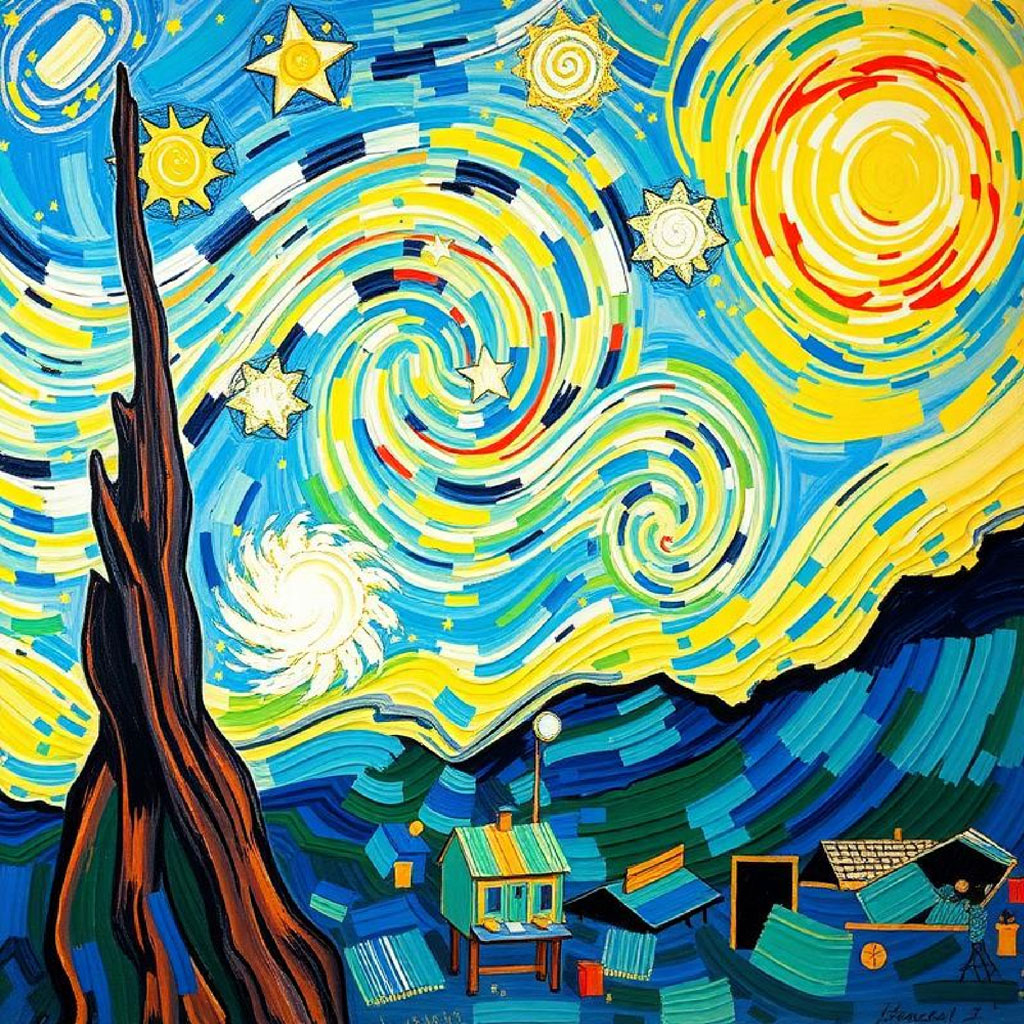 A swirling night sky with stars and a bright moon over a quiet village.