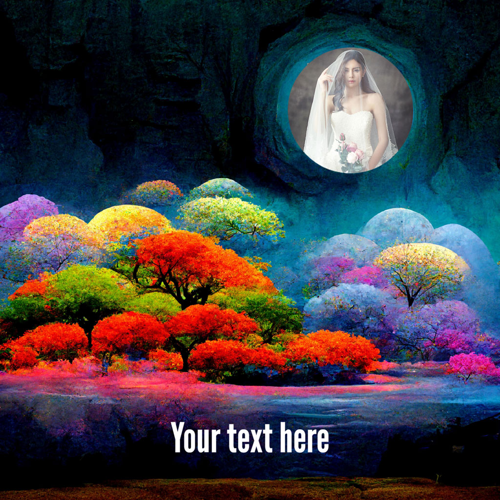 Digital artwork of Virgin Mary in a cave with colorful trees