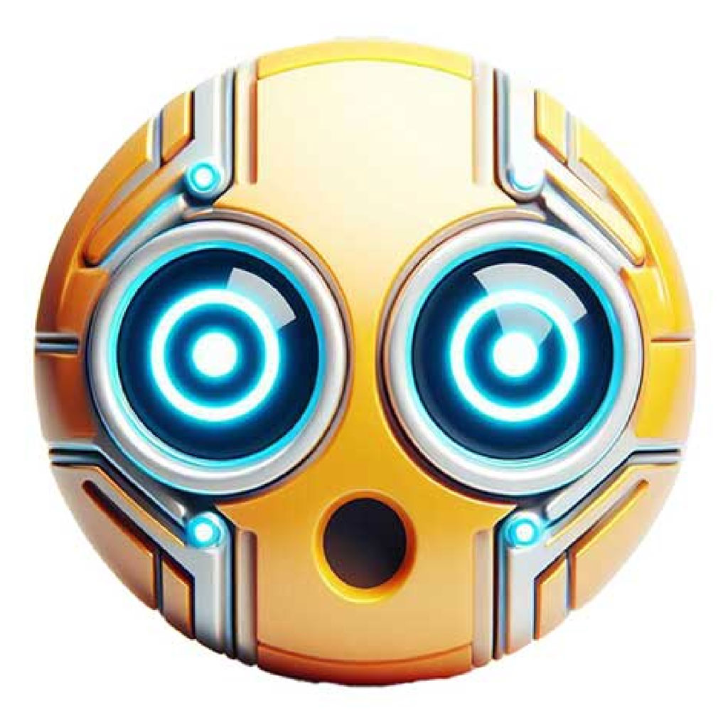 A digital illustration of a robot's face with large, round eyes and a small mouth.