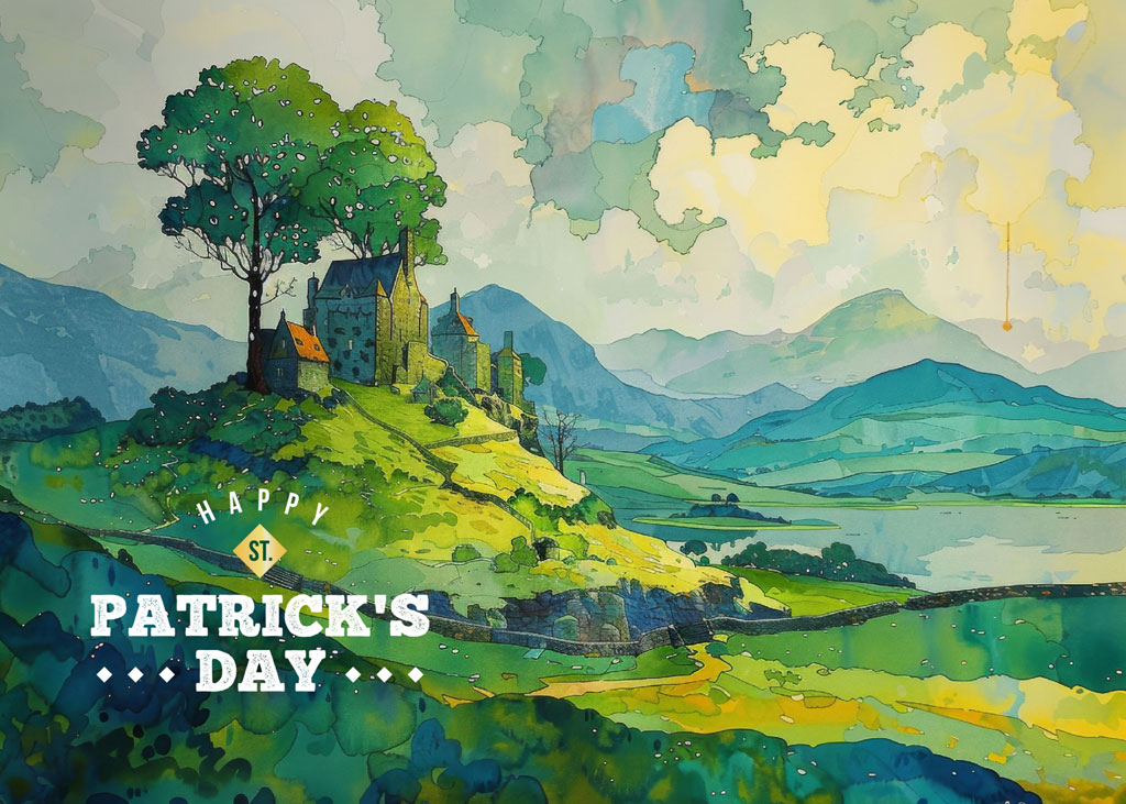St. Patrick's Day landscape with hills, trees, and mountains