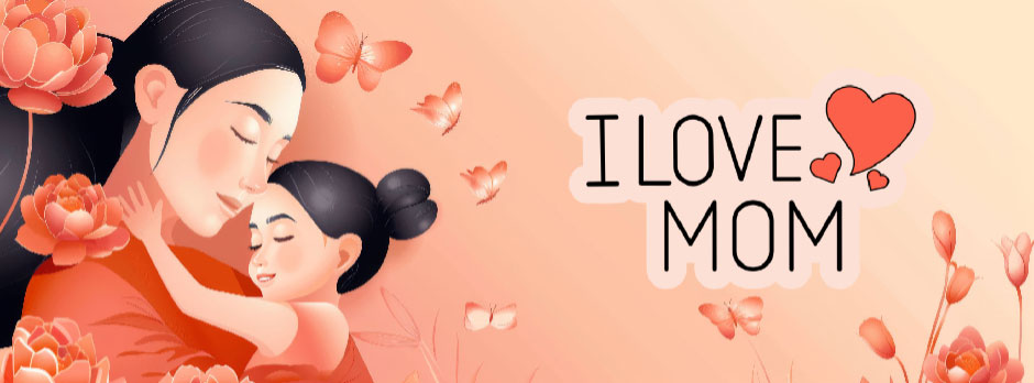 Illustration of a mother and child embracing, surrounded by flowers and butterflies