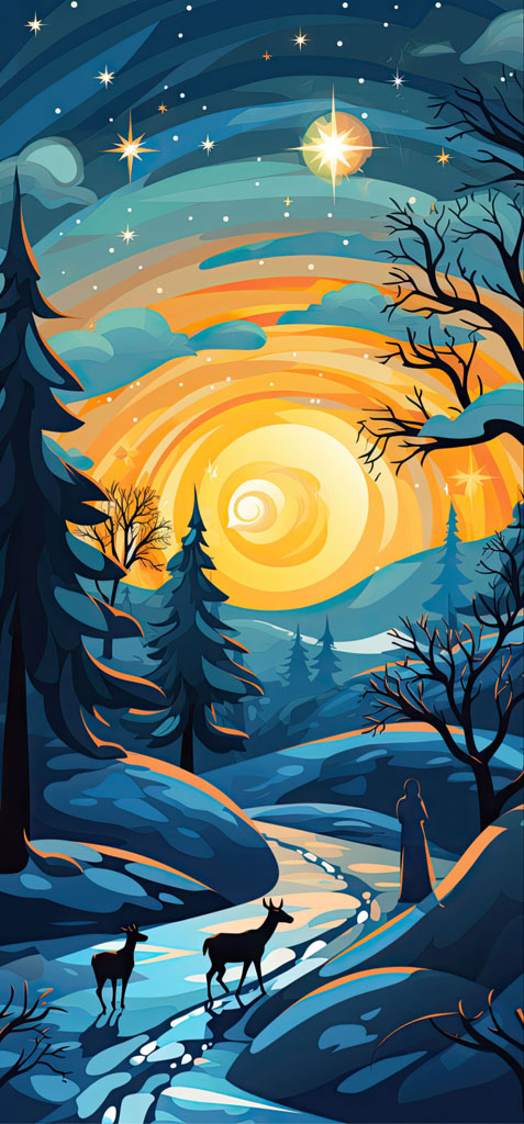 Illustration of a person and deer in a winter forest under a swirling starry sky