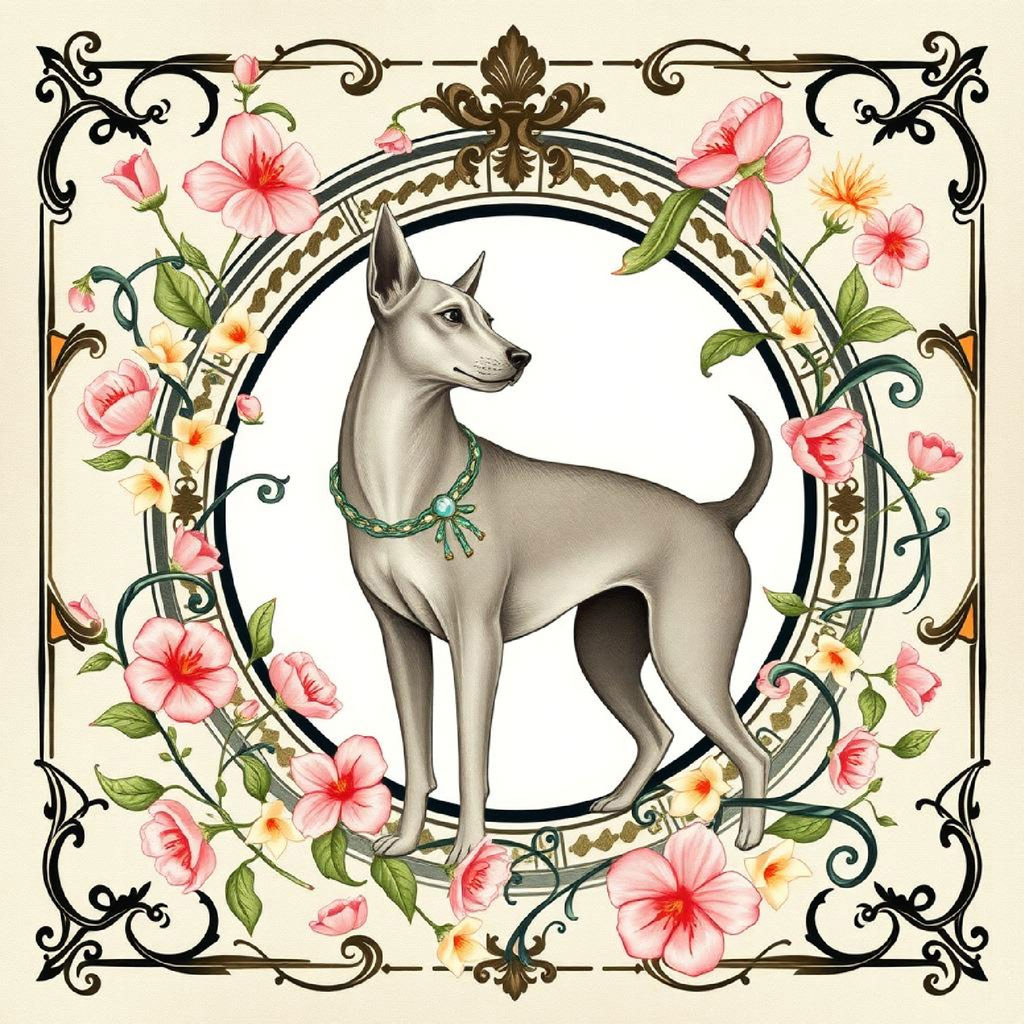 Woman in a golden strapless gown with long black hair, surrounded by a floral border