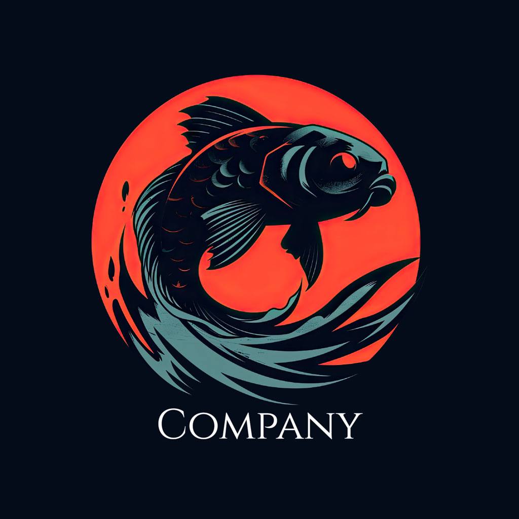 Stylized koi fish logo with red circle and dark blue fish