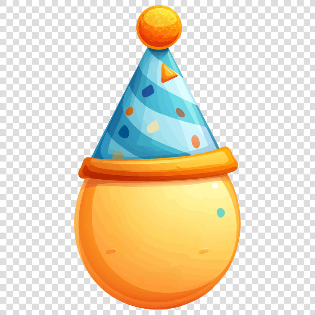 Cartoon party hat on a yellow head with blue and orange decorations