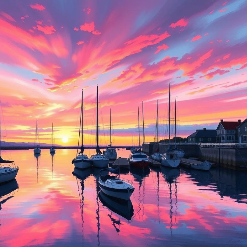 Boats docked in a marina with a vibrant pink and purple sunset sky reflected in the water.