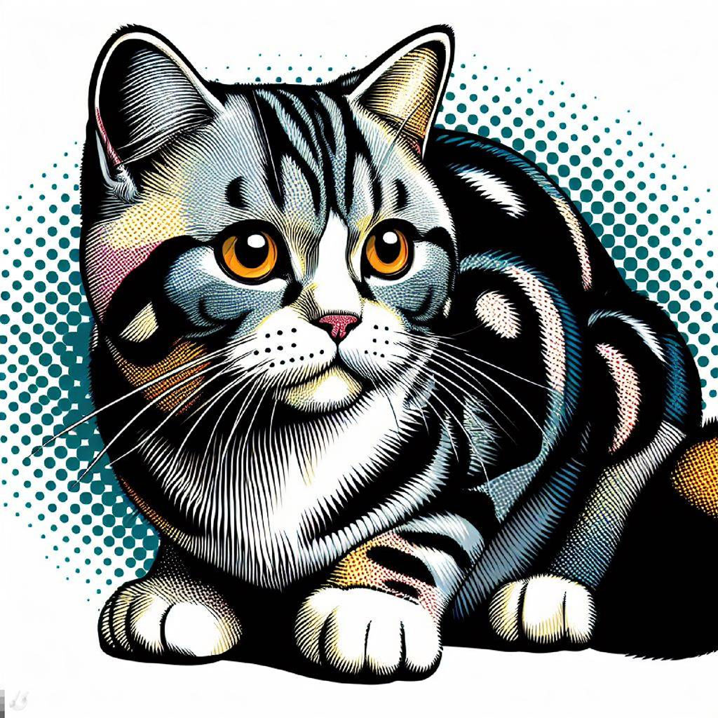 A stylized orange and pink cat with green eyes against a white background.