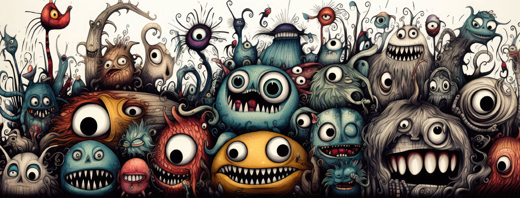 A colorful illustration of various cartoon monsters with large eyes and teeth.