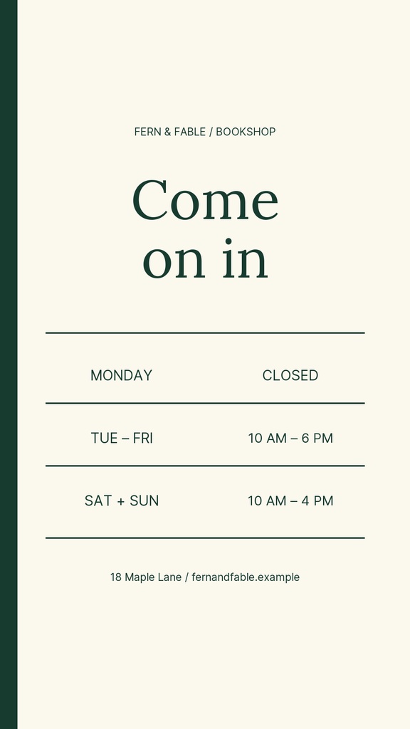 Minimal forest green Instagram story template for a bookstore with opening hours and address text.