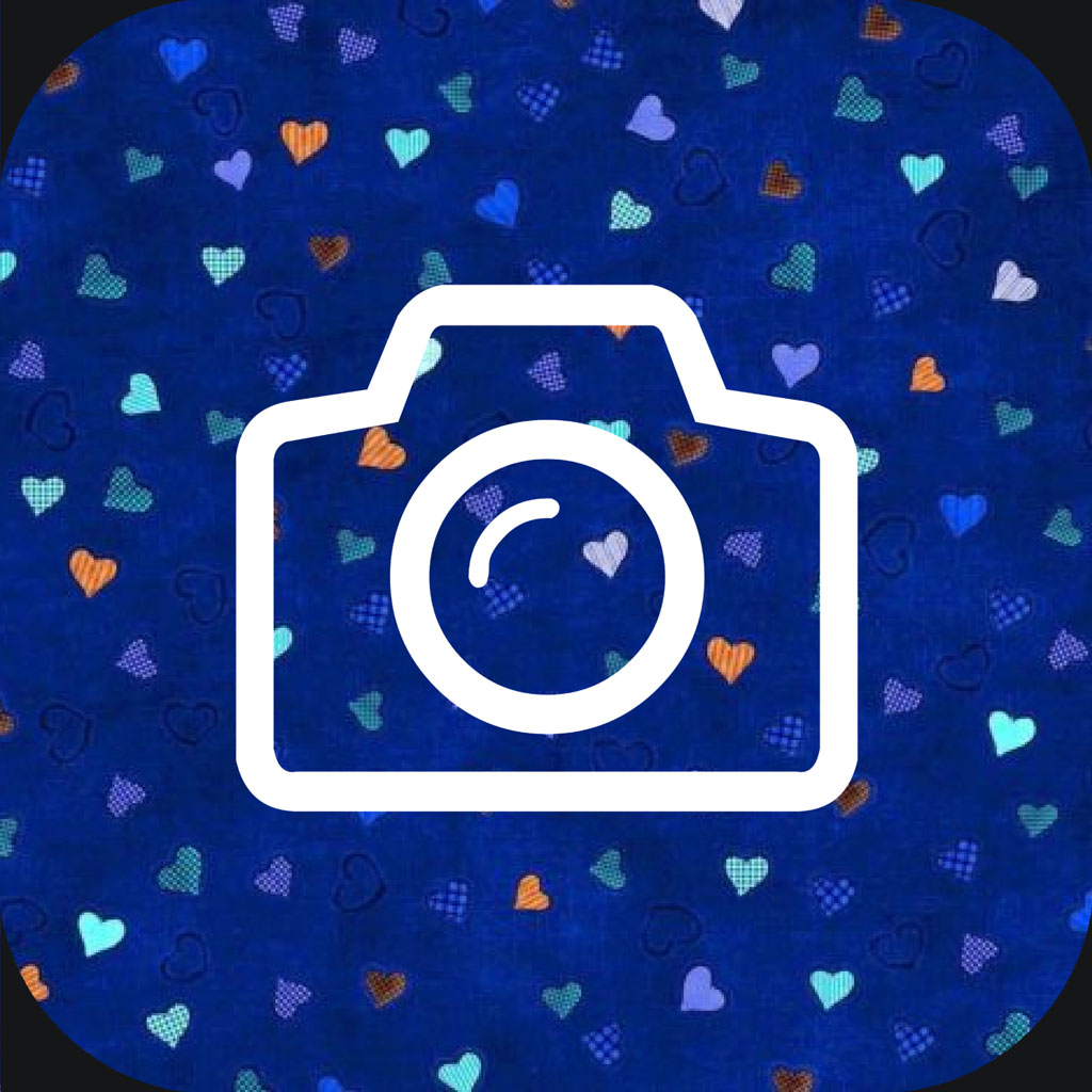 White camera icon on blue background with hearts