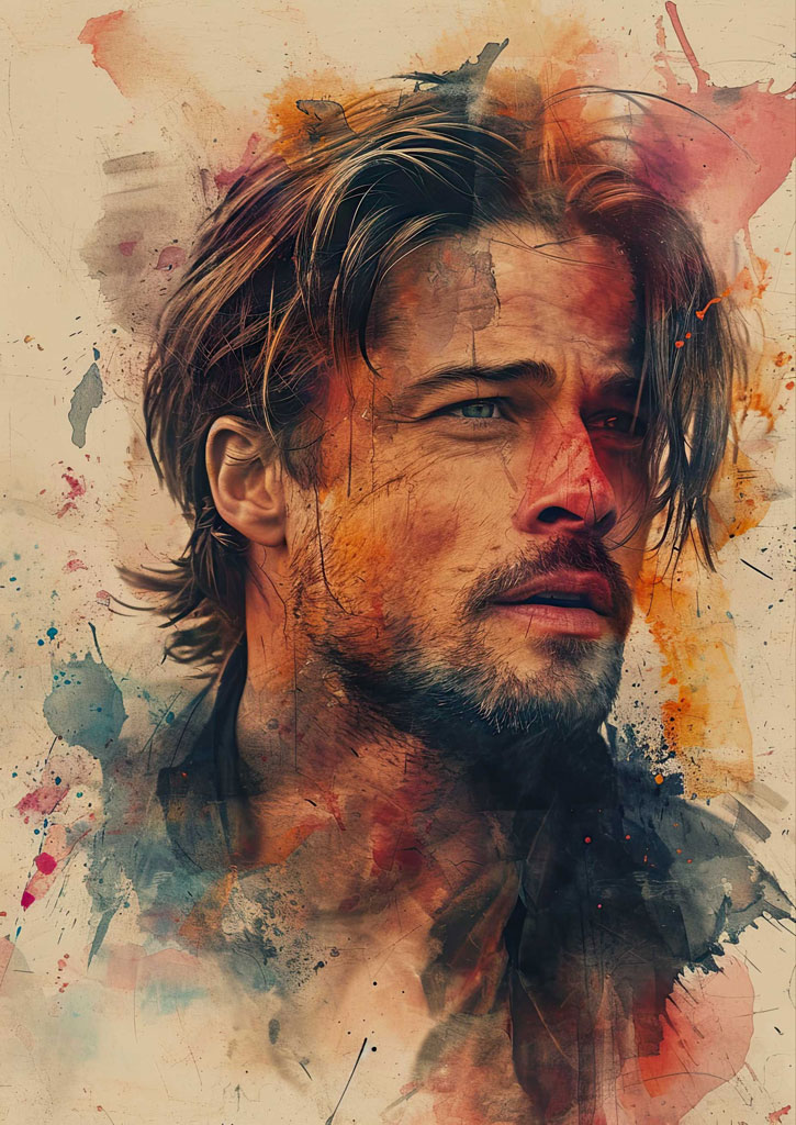 A watercolor-style portrait of a man with brown hair and a beard, set against a beige background with splashes of color.