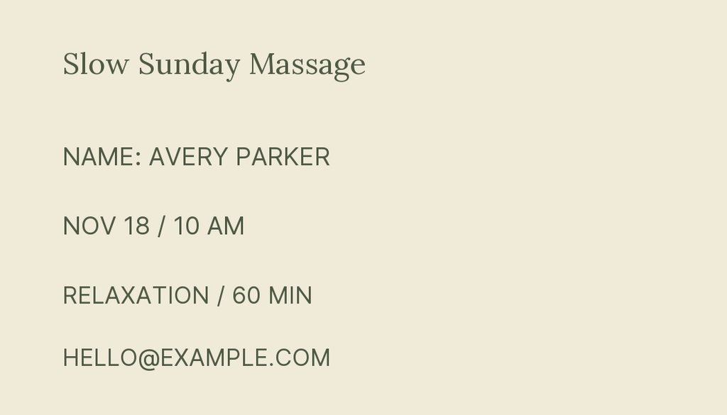 Preview for Slow Sunday Massage Appointment Card Template