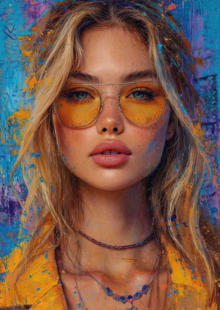 A close-up portrait of a young woman with blonde hair and yellow sunglasses against a vibrant blue and orange background.