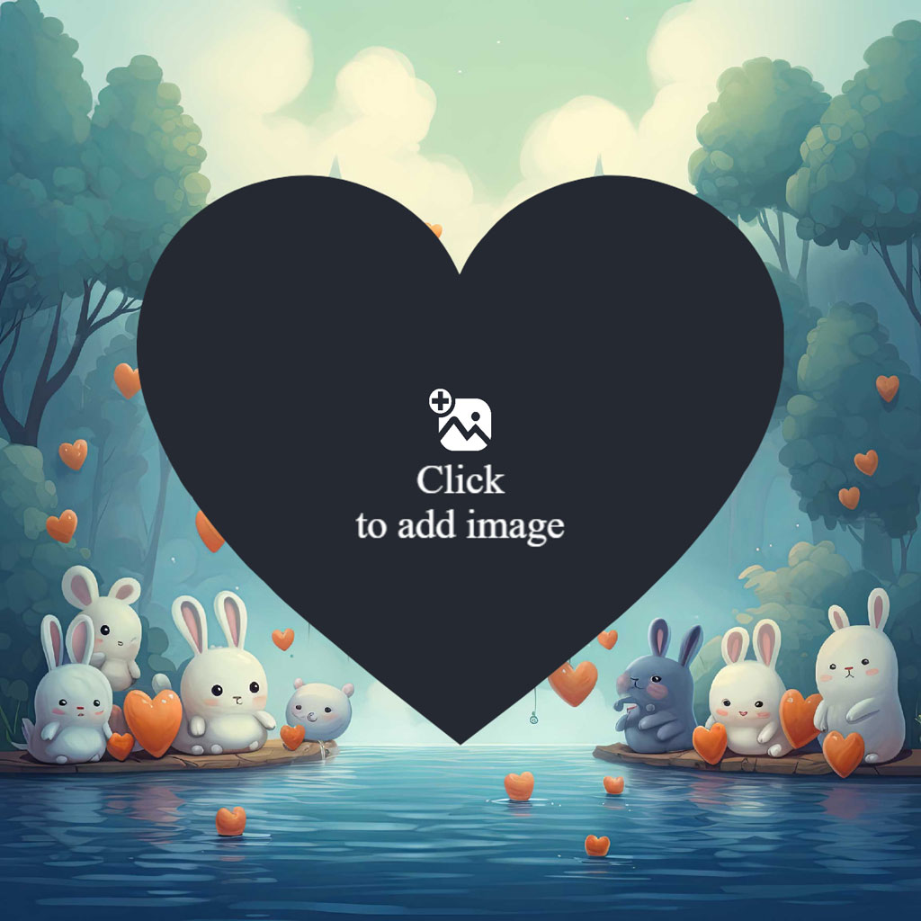 Cartoon bunnies on rafts in a lake with hearts and trees around