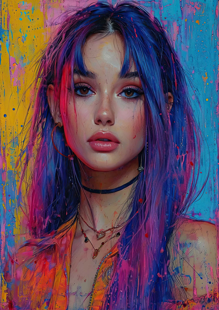 A young woman with blue hair and multiple necklaces against a vibrant background.