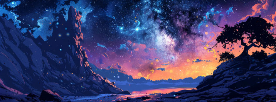 A digital painting of a galaxy night sky with a silhouette of rocky mountains and a tree.