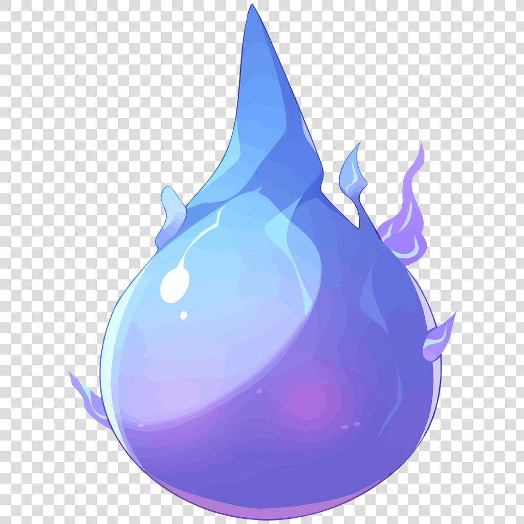 A blue teardrop-shaped spirit with flame-like protrusions on a white background.