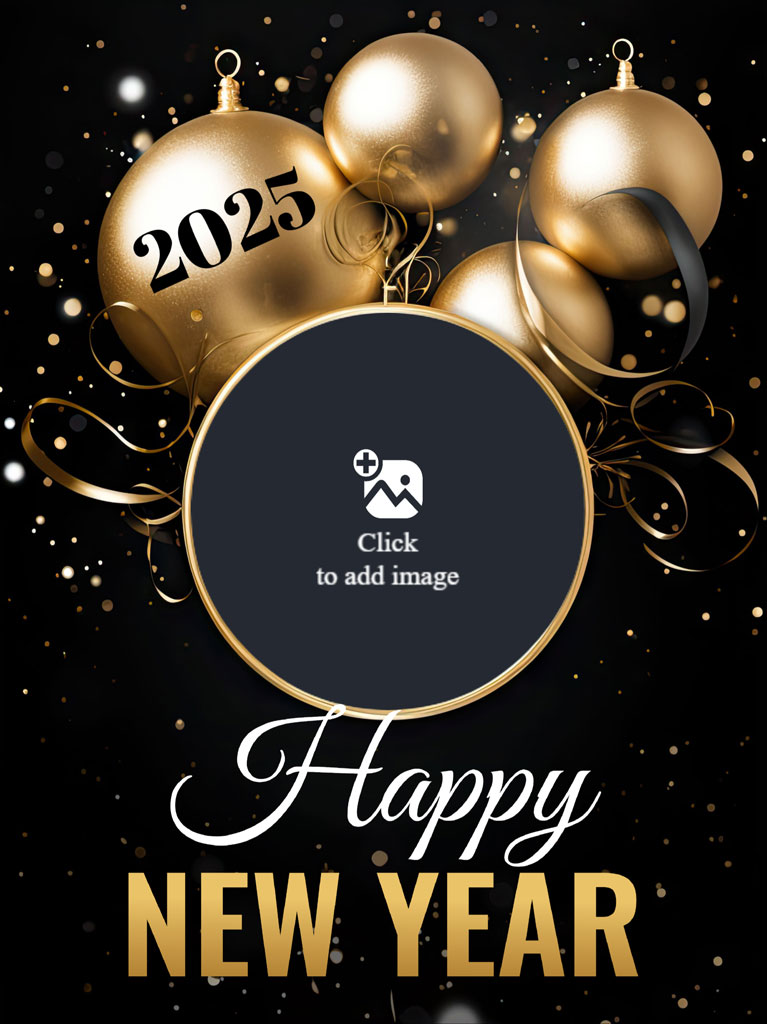 Happy New Year 2025 greeting with gold ornaments and black background