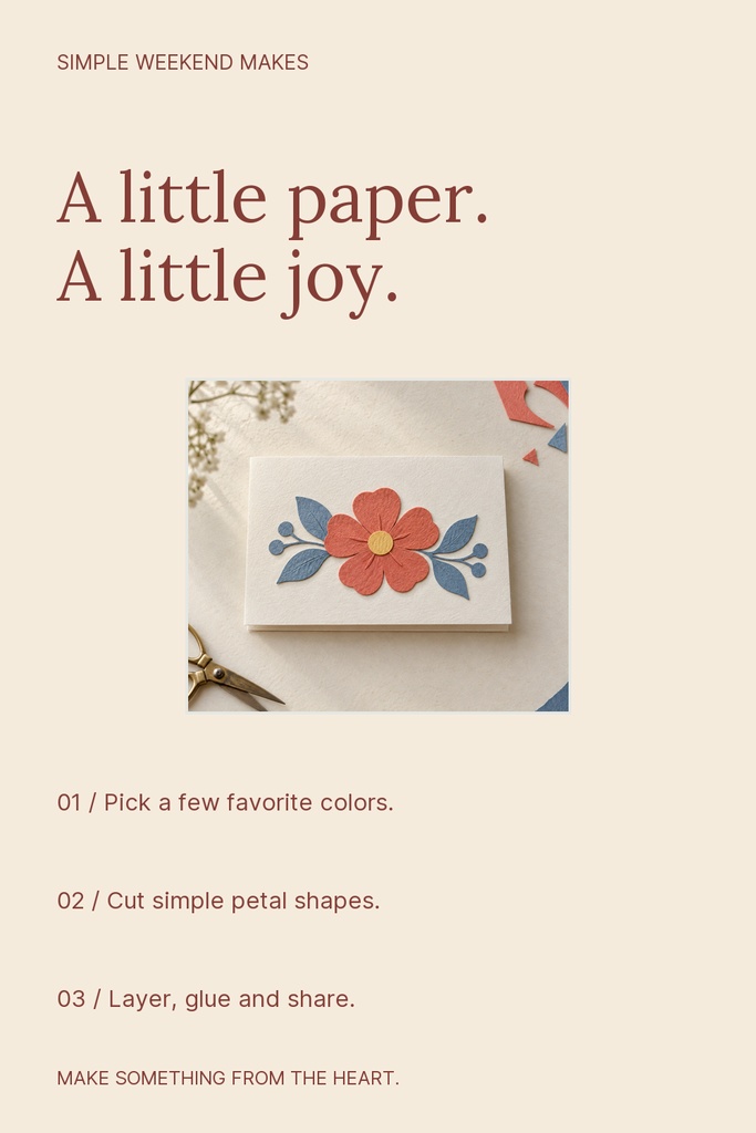 Portrait Pinterest pin with paper craft card photo and text about simple weekend makes.