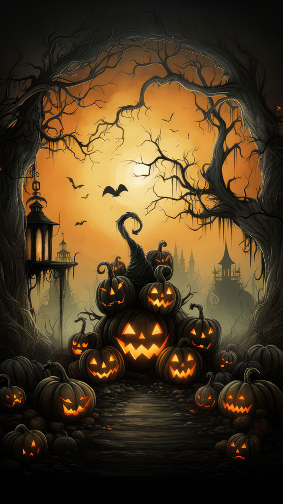 A dark Halloween scene with carved pumpkins and twisted tree branches.