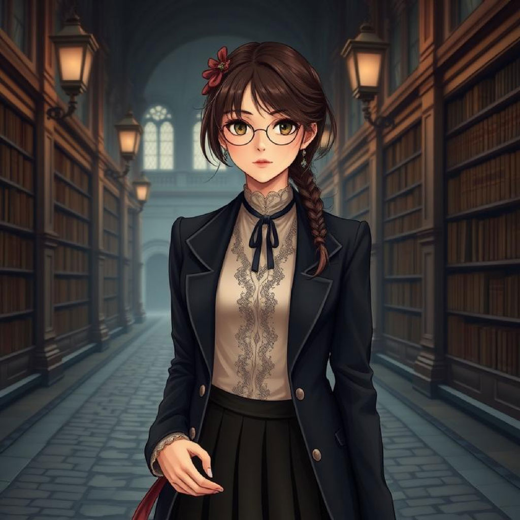 A young woman with brown hair and glasses stands in a library hallway with bookshelves on either side.