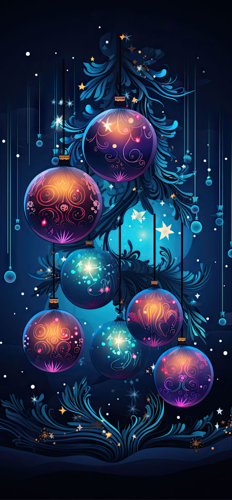 Colorful Christmas ornaments hanging from a stylized tree with stars and swirling patterns.