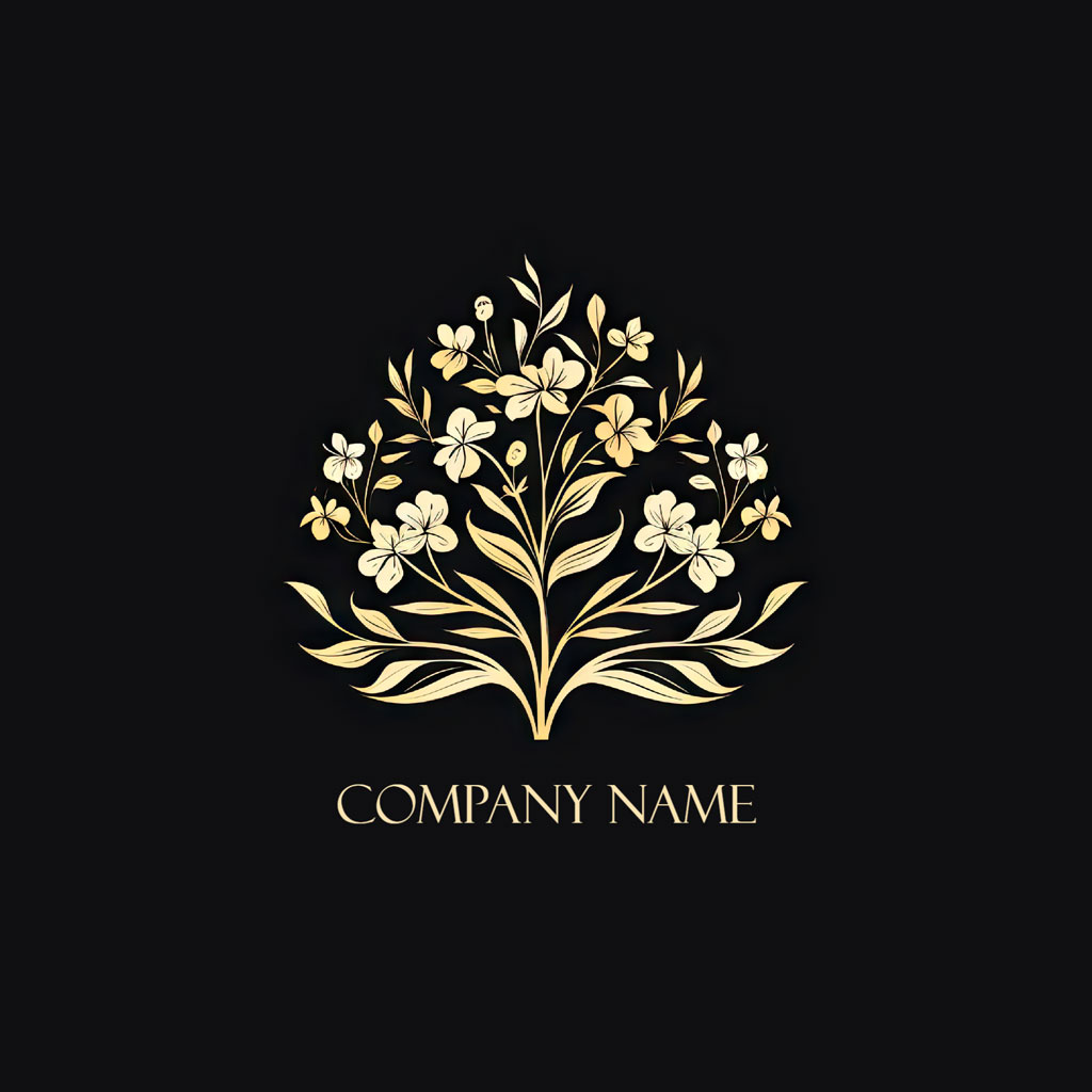 Gold floral logo on black background