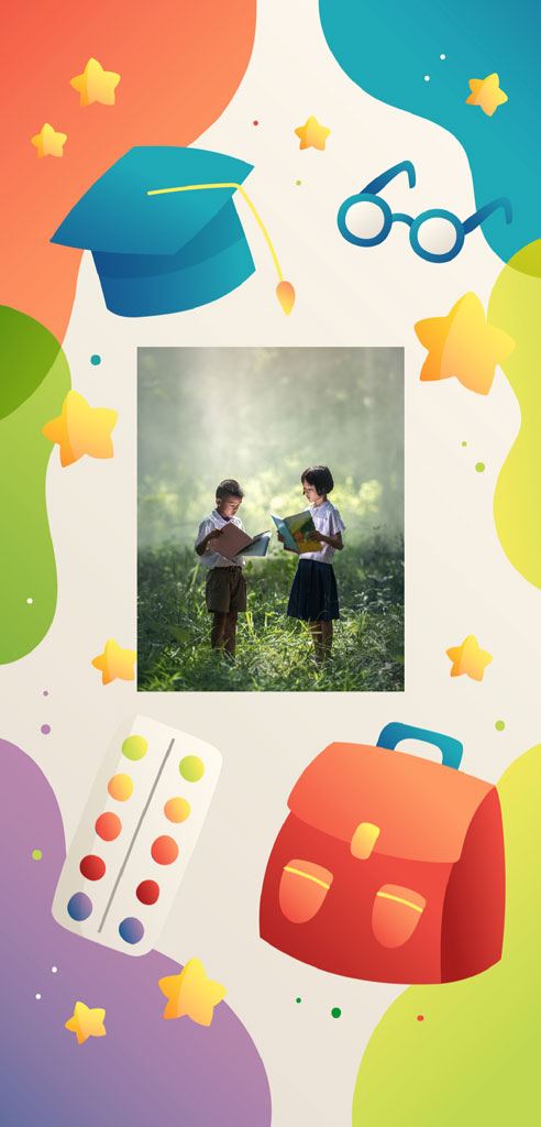 Two students reading books in a field surrounded by educational icons