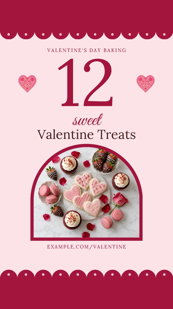 Pink Valentine’s Day story template with the number 12 and a photo of assorted heart-shaped sweets.