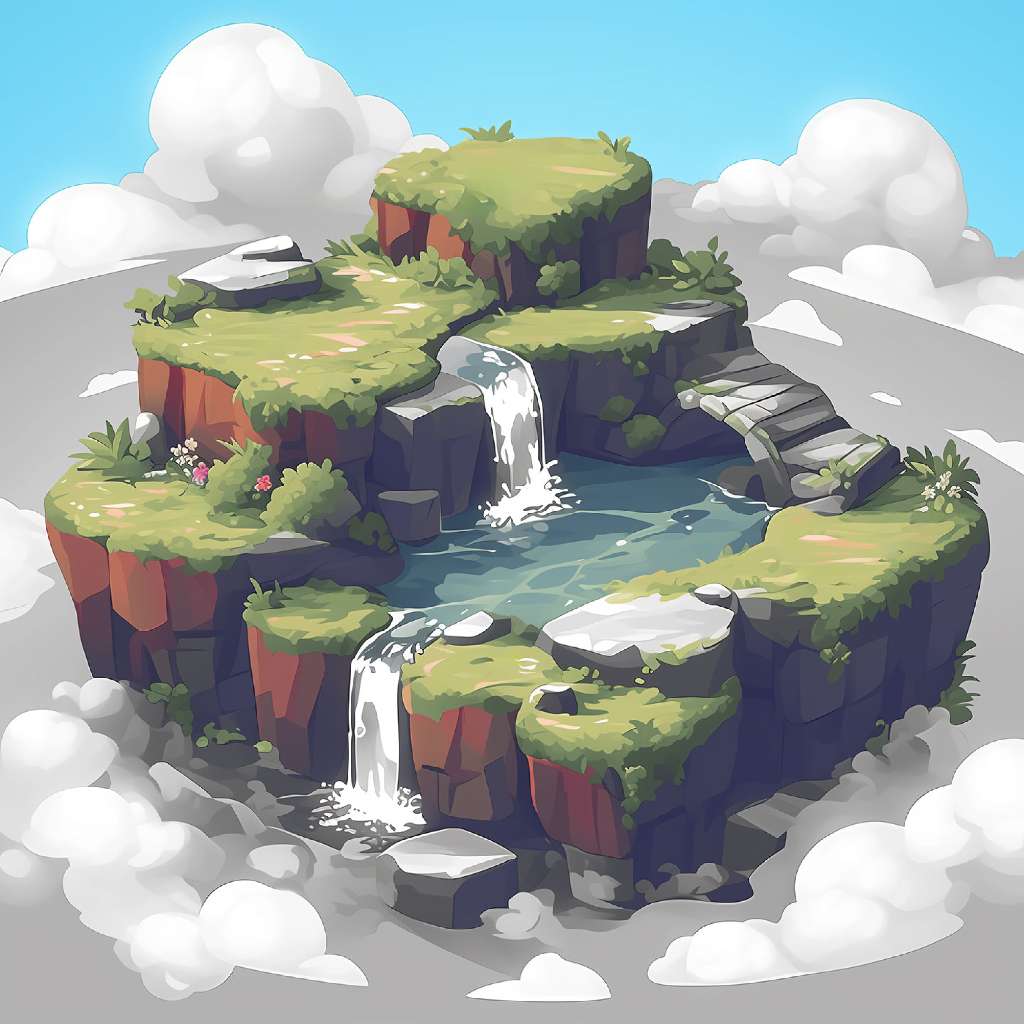 A stylized illustration of a floating island with a central lake and multiple waterfalls.