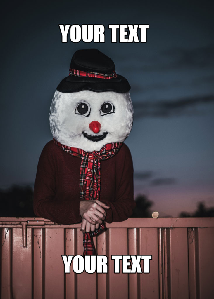 Person in snowman costume leaning on a fence