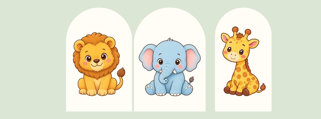 Three cute safari animals in arched frames on a light background