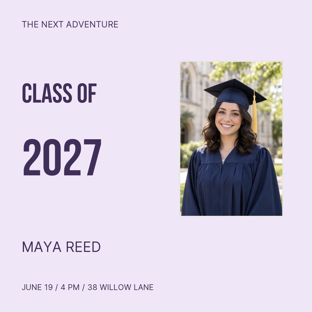 Square graduation post with a student portrait, Class of 2027 text, and event details on a light background.