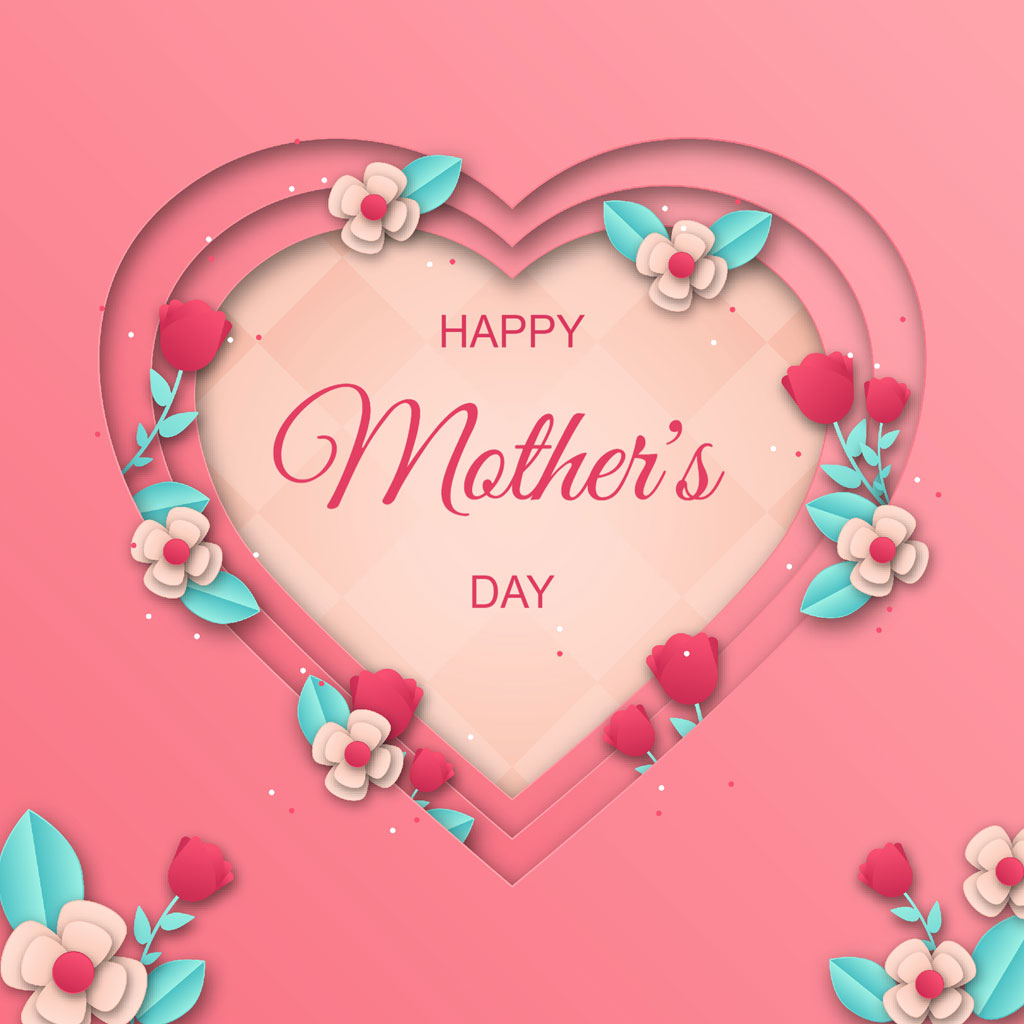 A digital Mother's Day card featuring a heart-shaped design adorned with flowers and leaves.