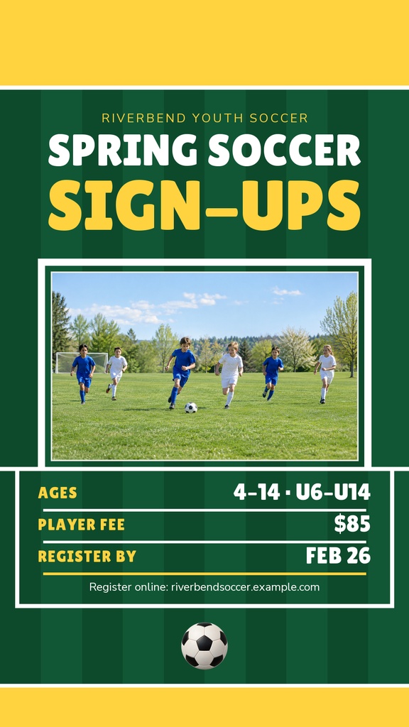 Green Instagram story template for spring soccer sign-ups with a soccer match photo and registration details.