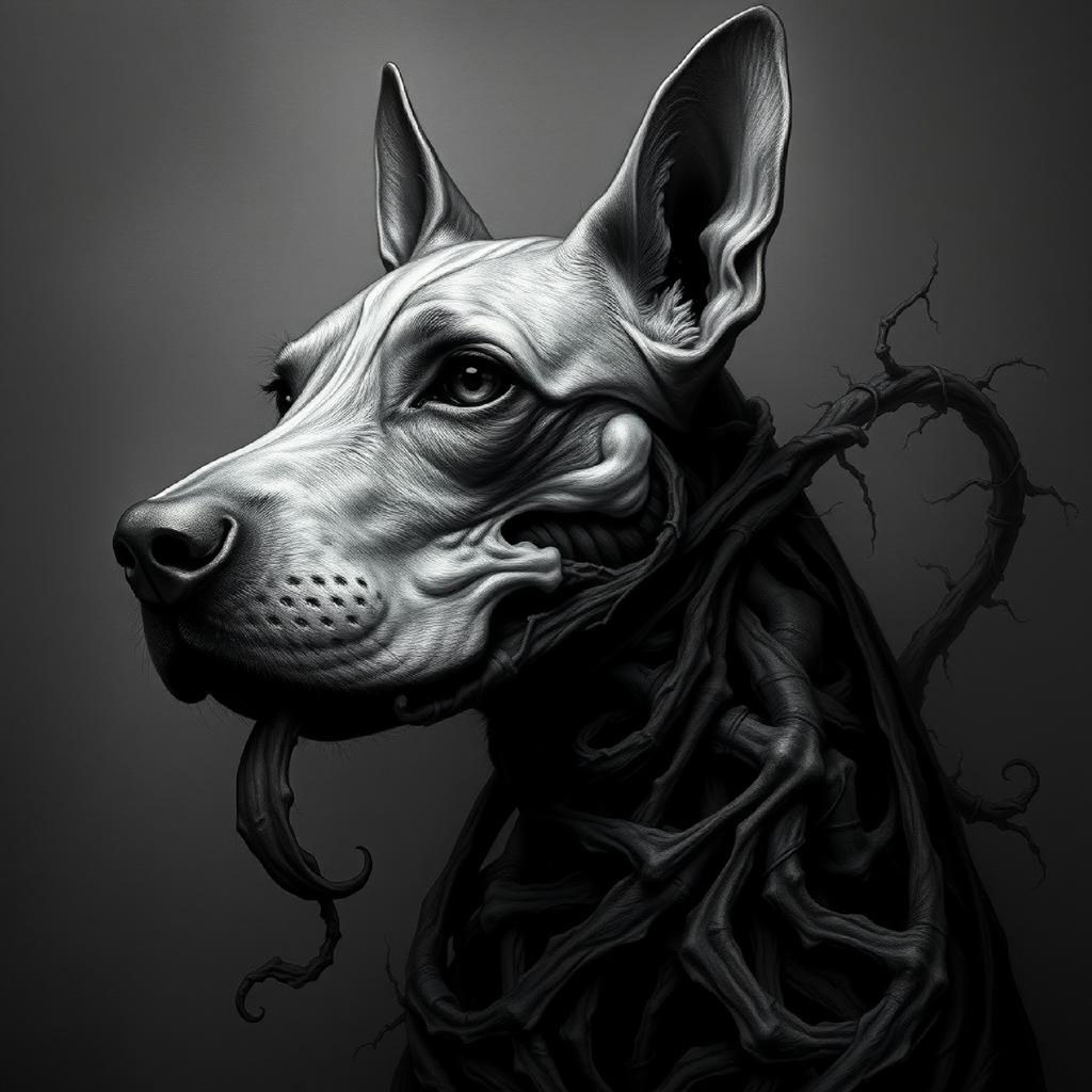 A dark fantasy portrait of a horned figure with red eyes and gray skin.