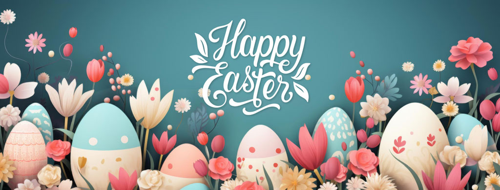 Happy Easter illustration with decorated eggs and flowers