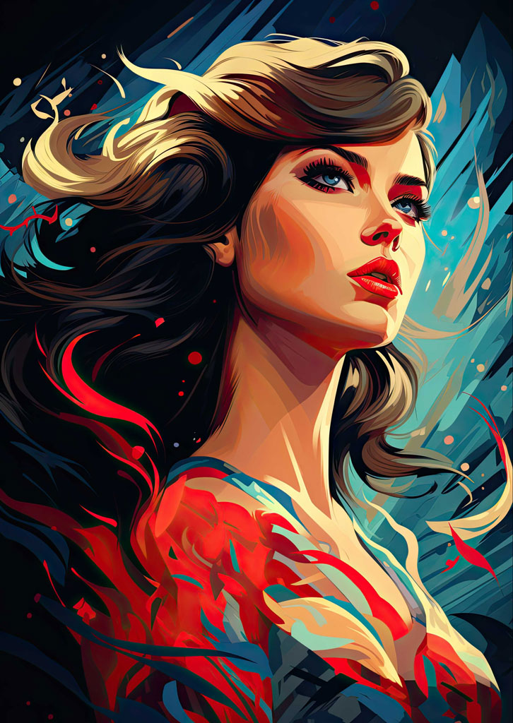 A digital illustration of a woman with long, flowing hair and striking features.
