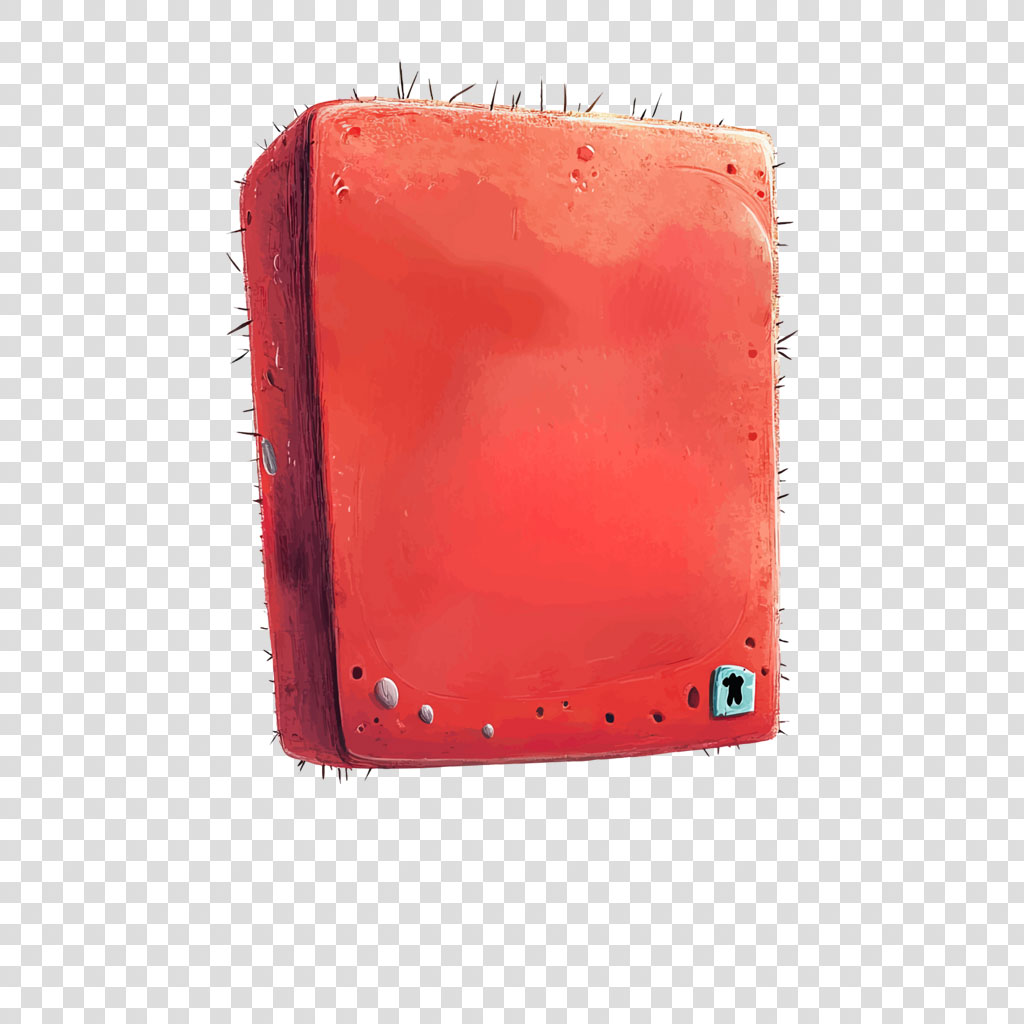 A red cactus fruit with spines and a small green logo