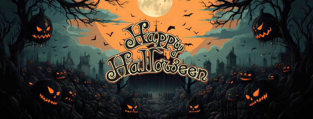 A spooky Halloween scene with jack-o'-lanterns and a full moon in the background.